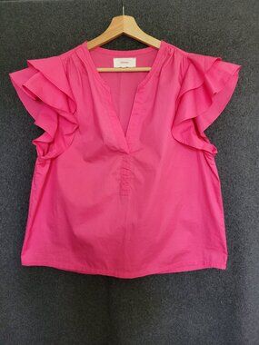 Xirena Pink Cotton Poplin Ruffle Flutter Sleeve Top Quiet Luxury Whimsical L